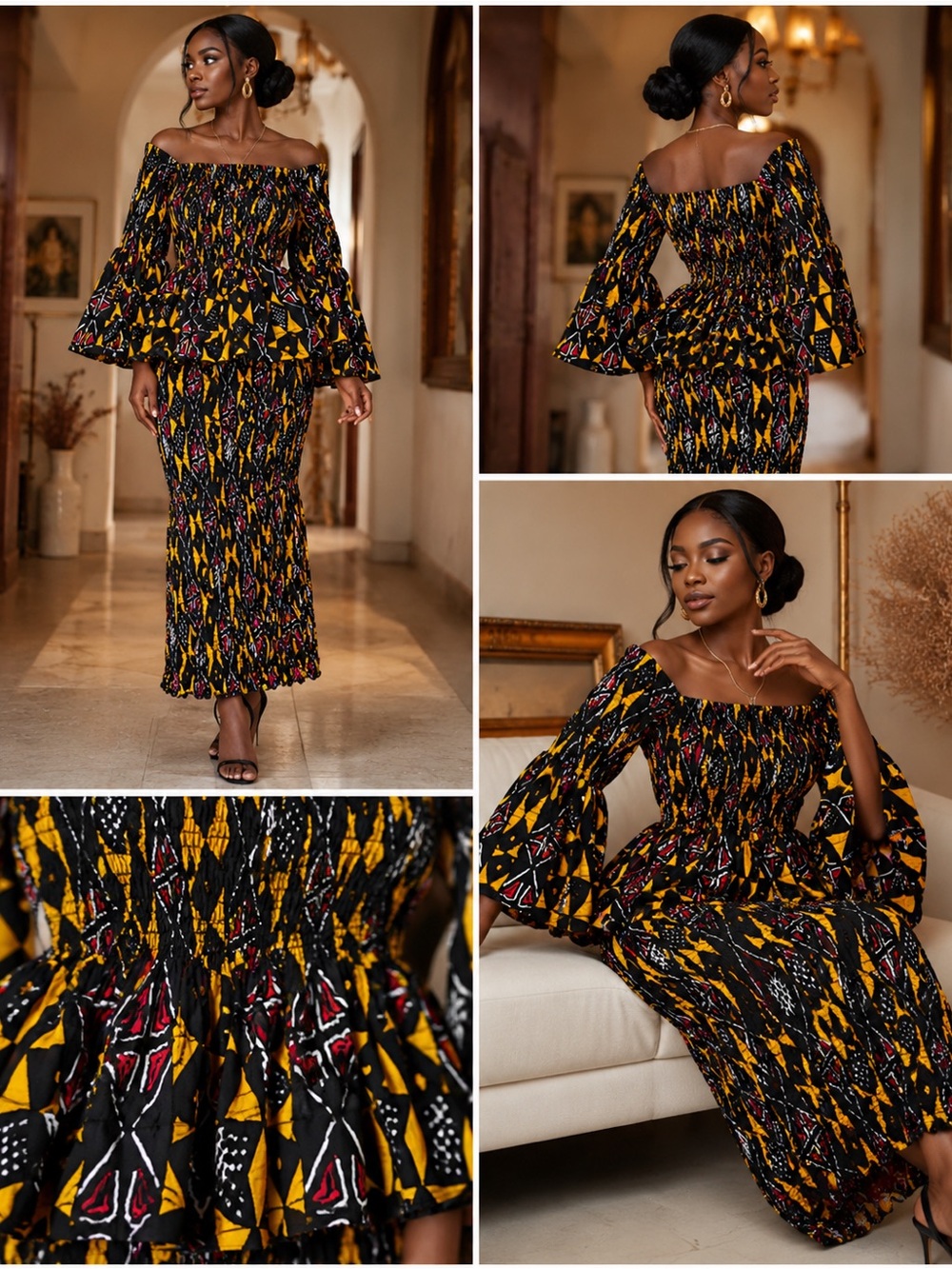 Off-Shoulder Smocked Maxi Dress in Black, Mustard & Red